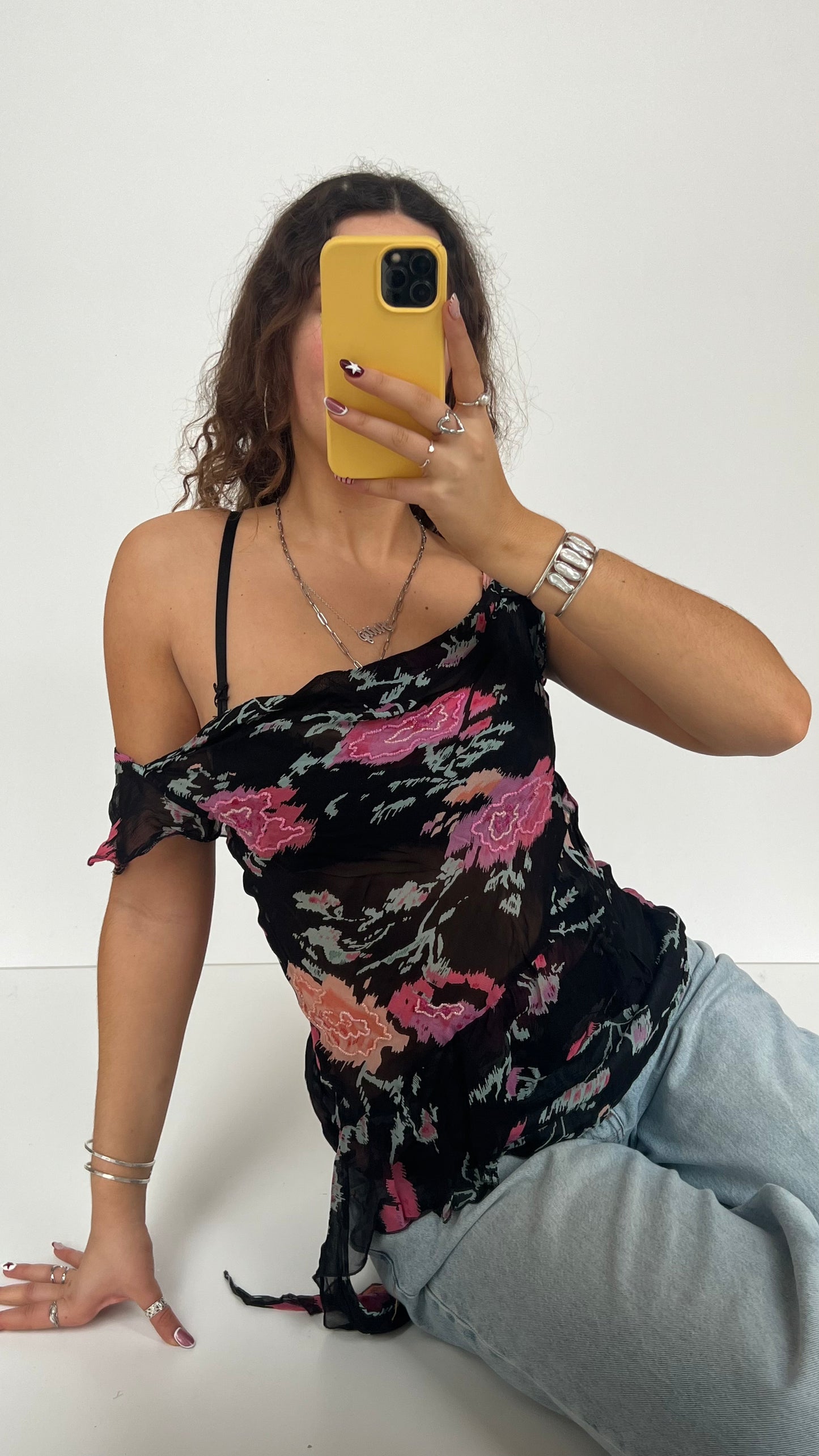00s black pink floral top- size M