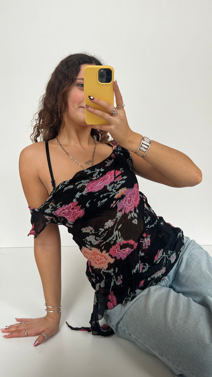 00s black pink floral top- size M