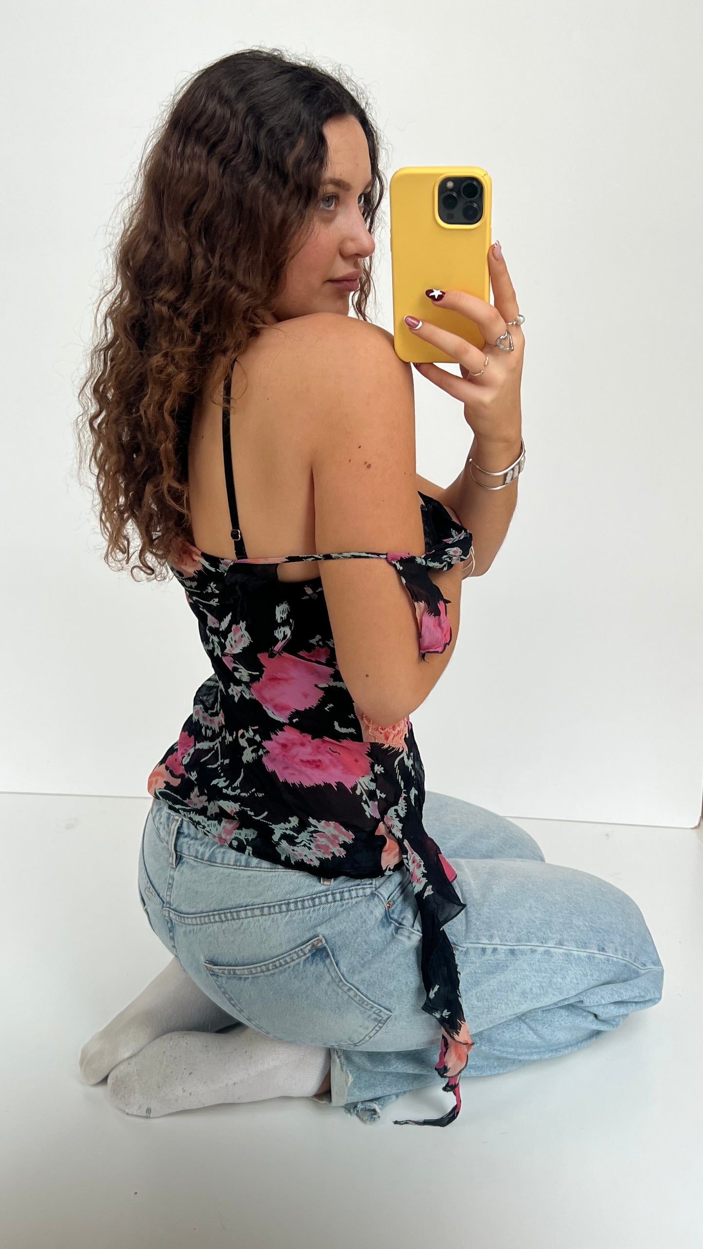 00s black pink floral top- size M