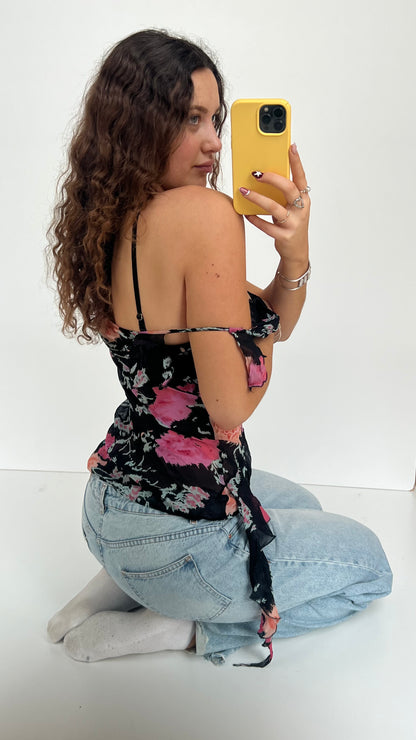 00s black pink floral top- size M