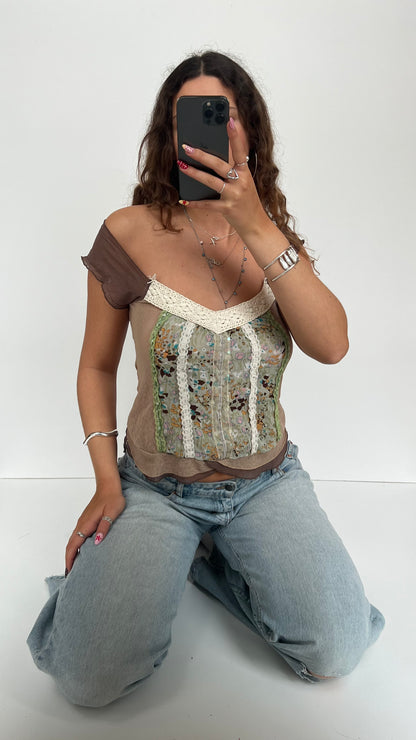 00s brown green babydoll top- size M