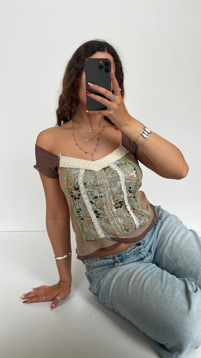 00s brown green babydoll top- size M