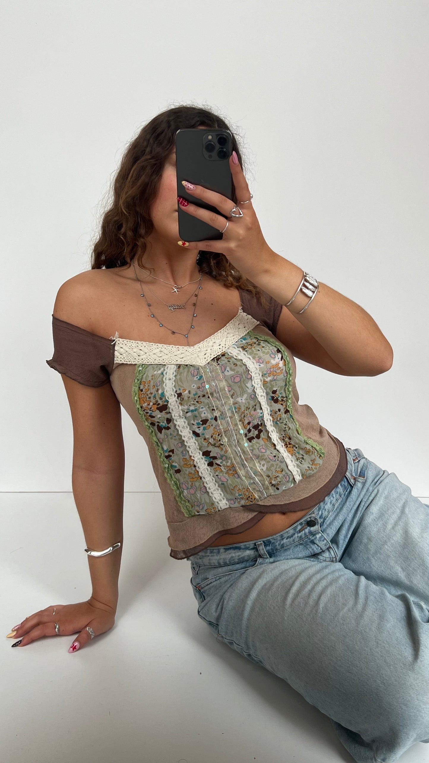 00s brown green babydoll top- size M