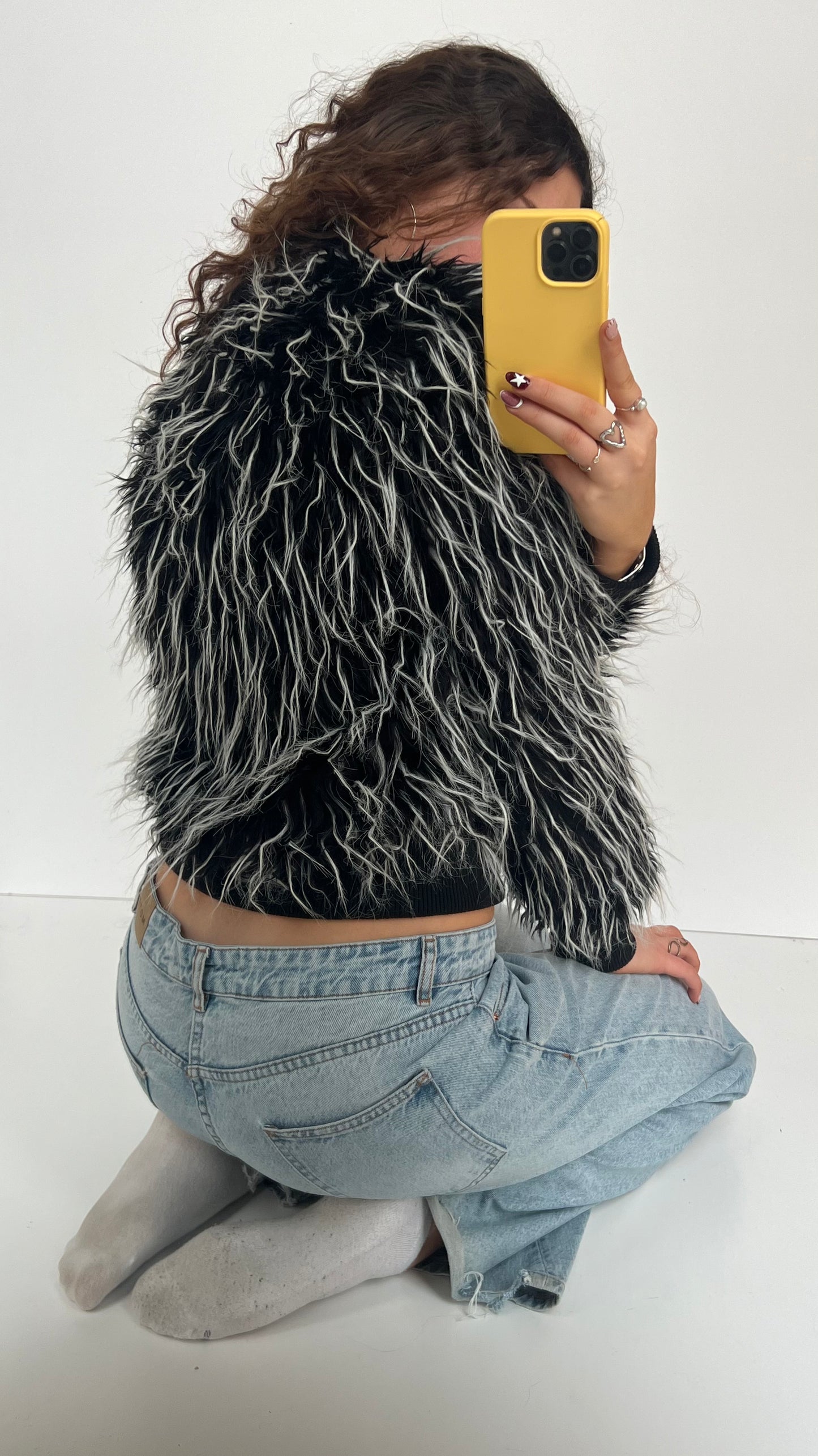 00s black white fluffy jacket- size M