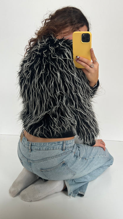 00s black white fluffy jacket- size M