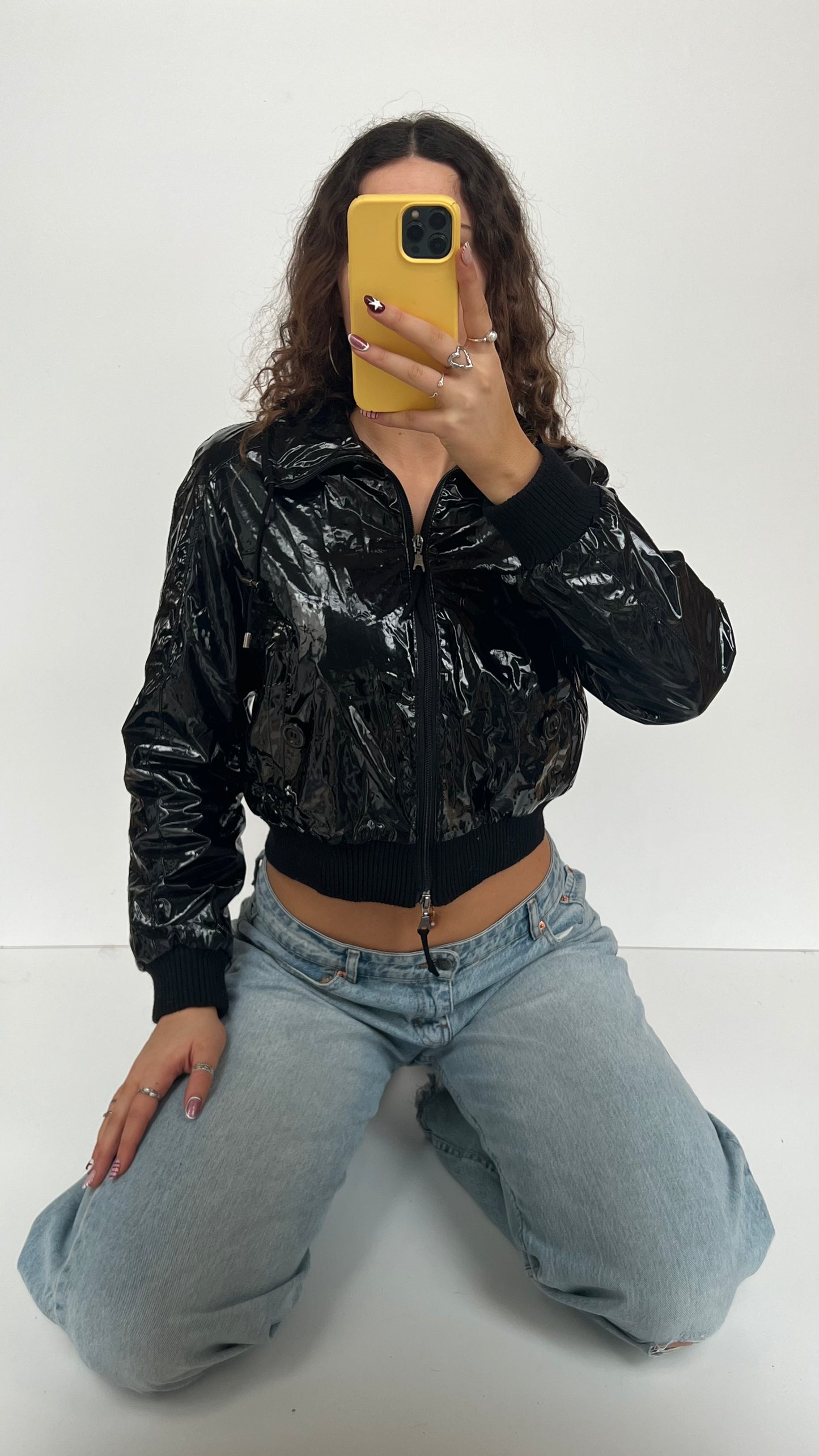 00s shiny black cropped jacket- size M