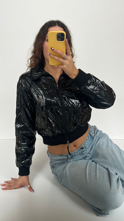00s shiny black cropped jacket- size M