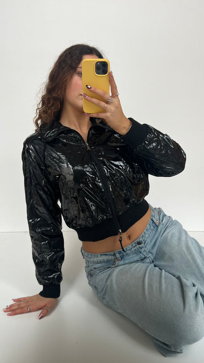 00s shiny black cropped jacket- size M