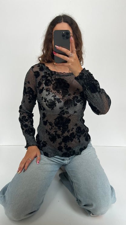 00s black glitter mesh top- size M