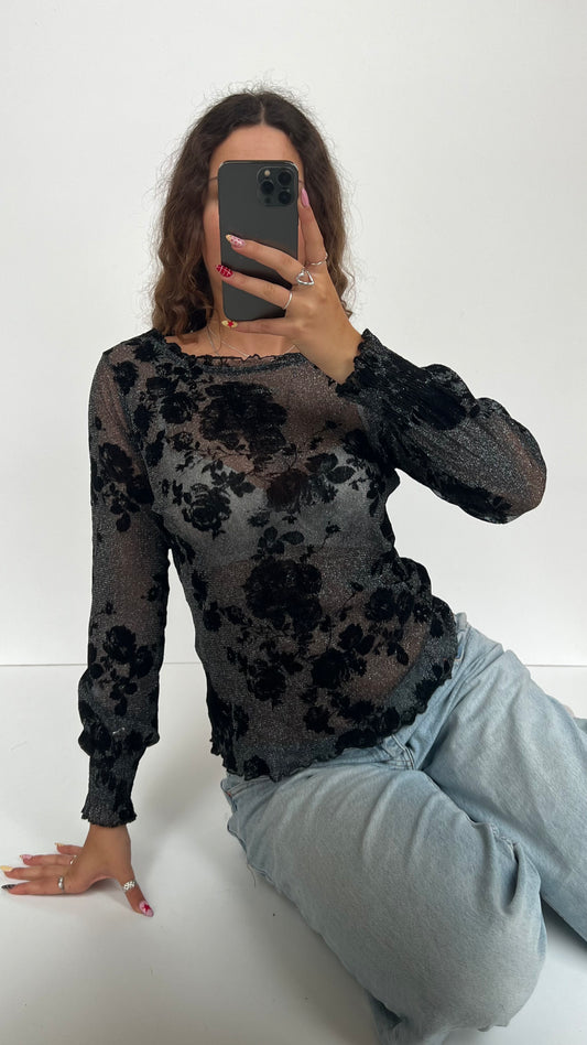 00s black glitter mesh top- size M