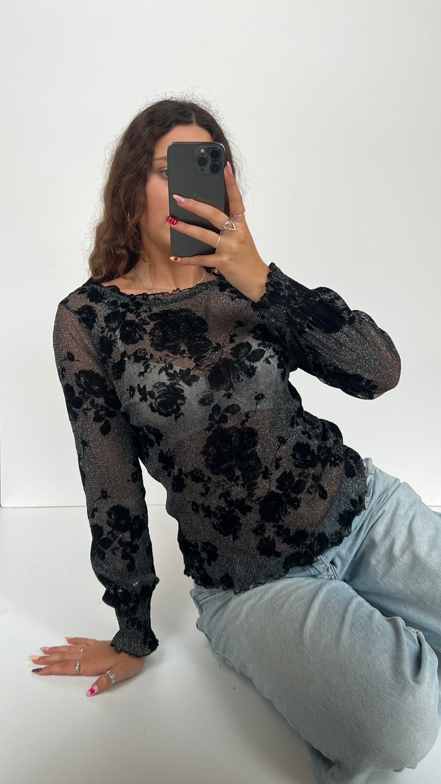 00s black glitter mesh top- size M