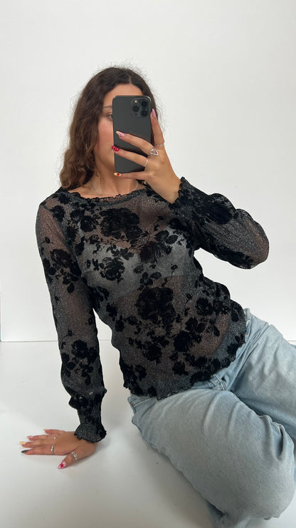 00s black glitter mesh top- size M