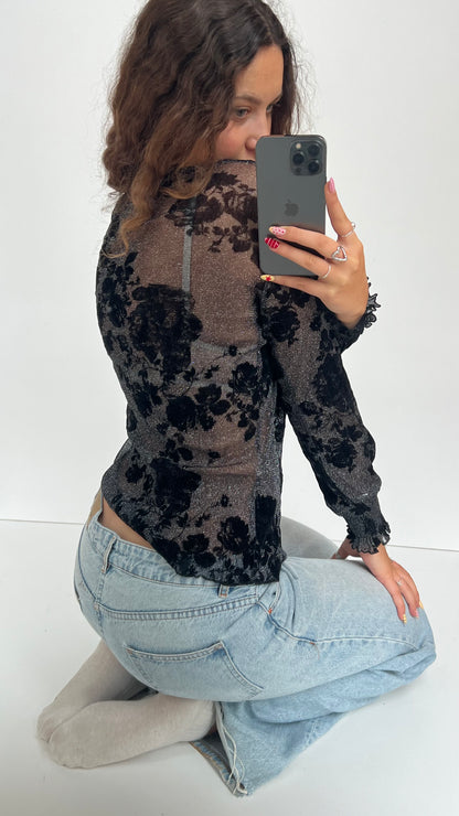 00s black glitter mesh top- size M
