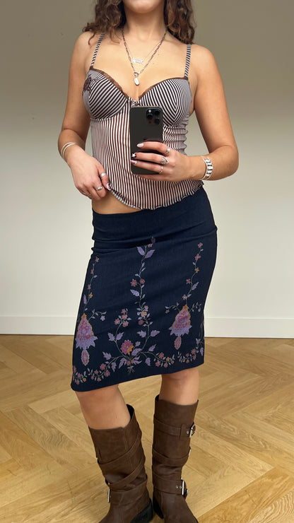 00s denim floral midi skirt- size M