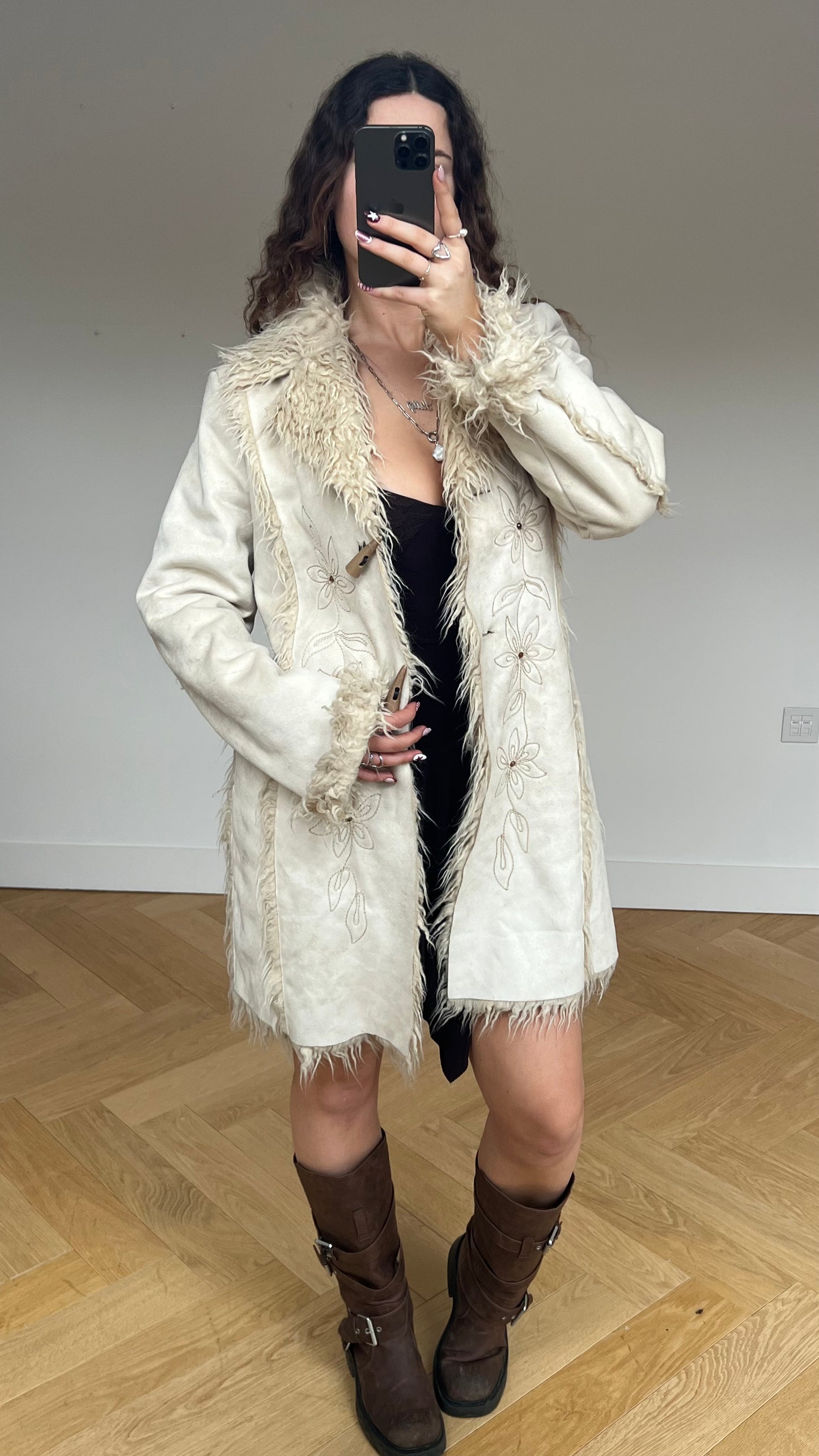 00s cream floral afghan coat- size M