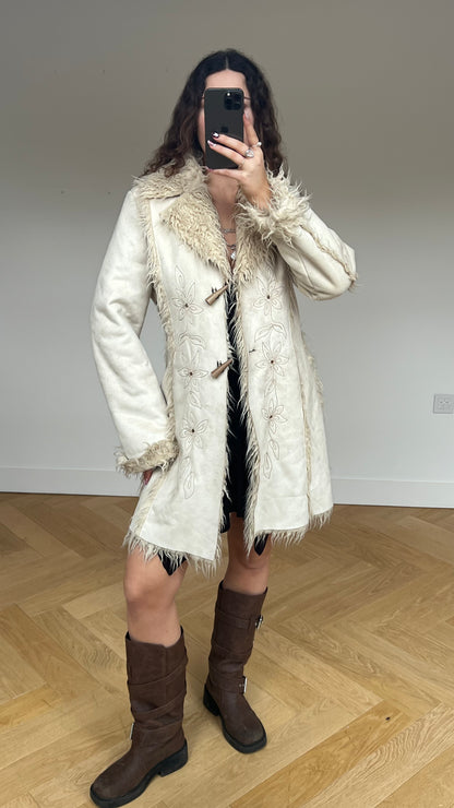 00s cream floral afghan coat- size M