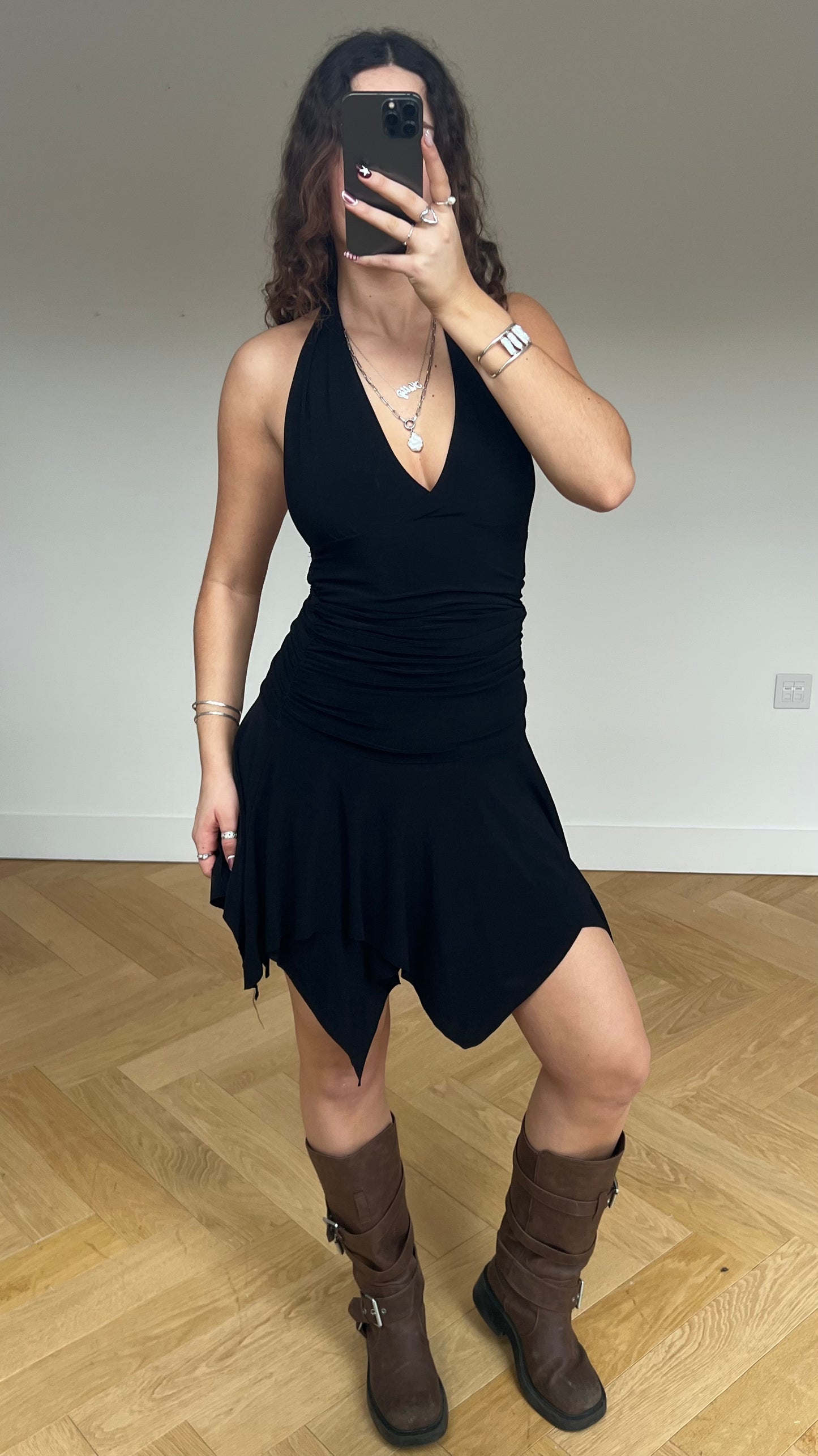 00s black ruched mini dress- size M