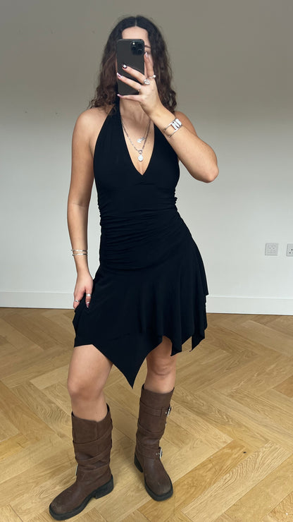 00s black ruched mini dress- size M