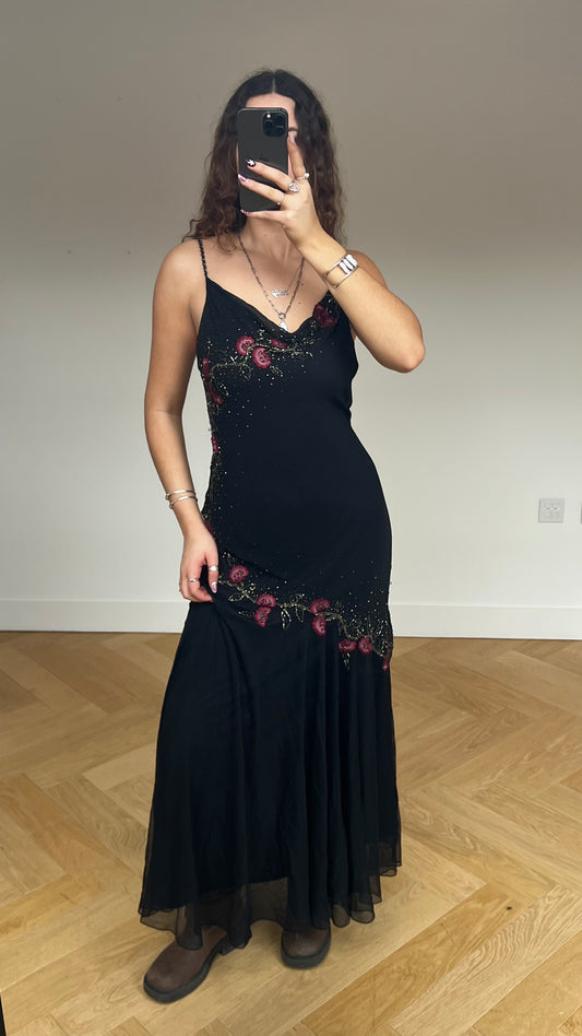 00s black silk beaded maxi dress- size M