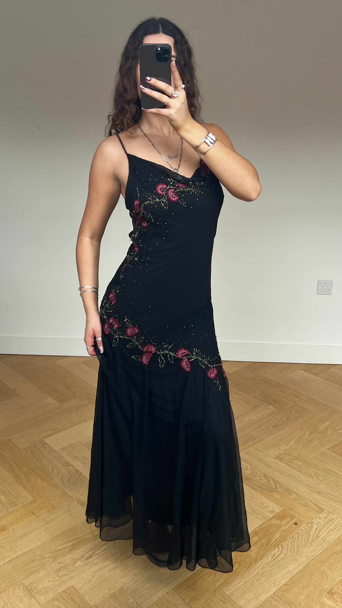 00s black silk beaded maxi dress- size M