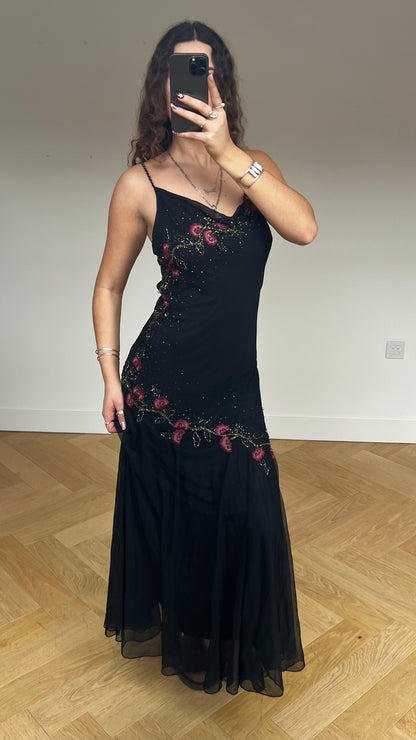 00s black silk beaded maxi dress- size M