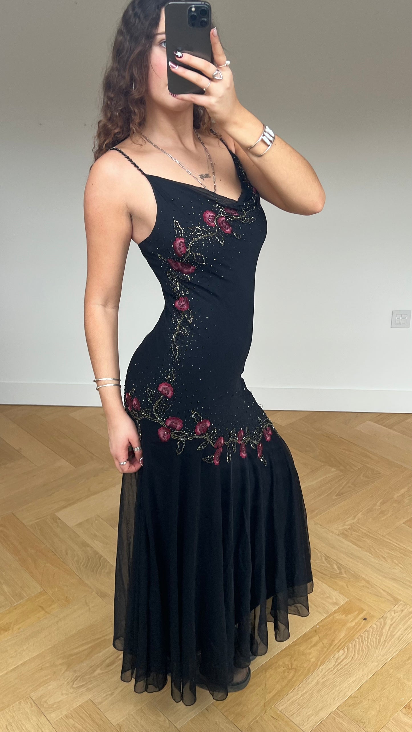 00s black silk beaded maxi dress- size M