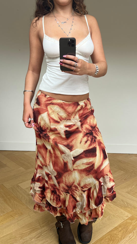 00s orange floral maxi skirt- size S