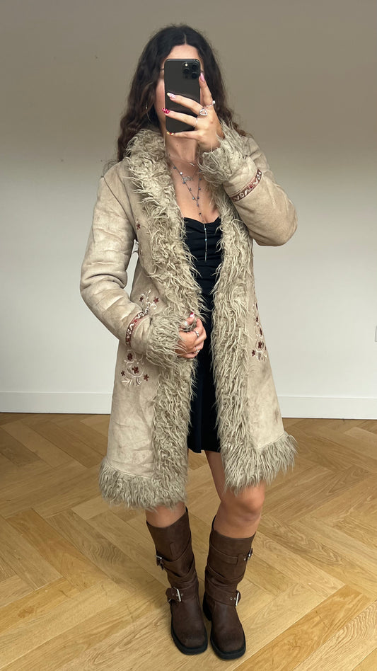 00s cream floral afghan coat- size M