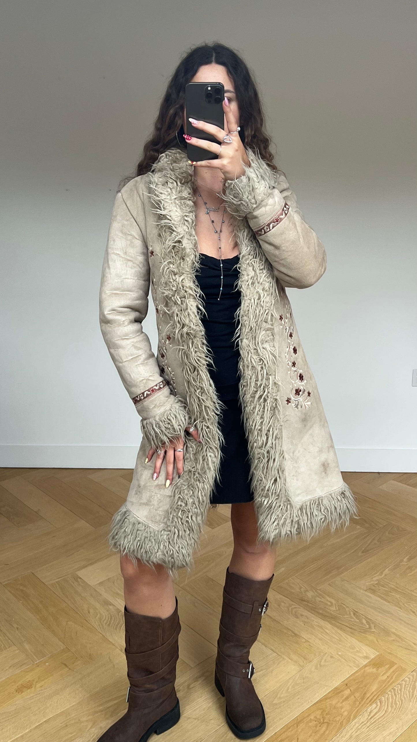 00s cream floral afghan coat- size M