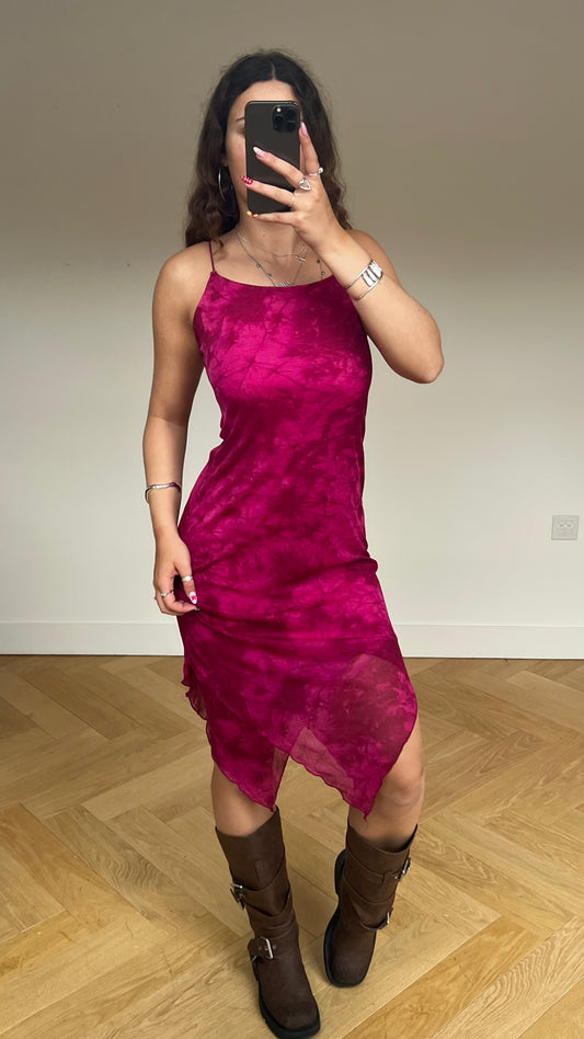 00s pink mesh asymmetric midi dress- size M