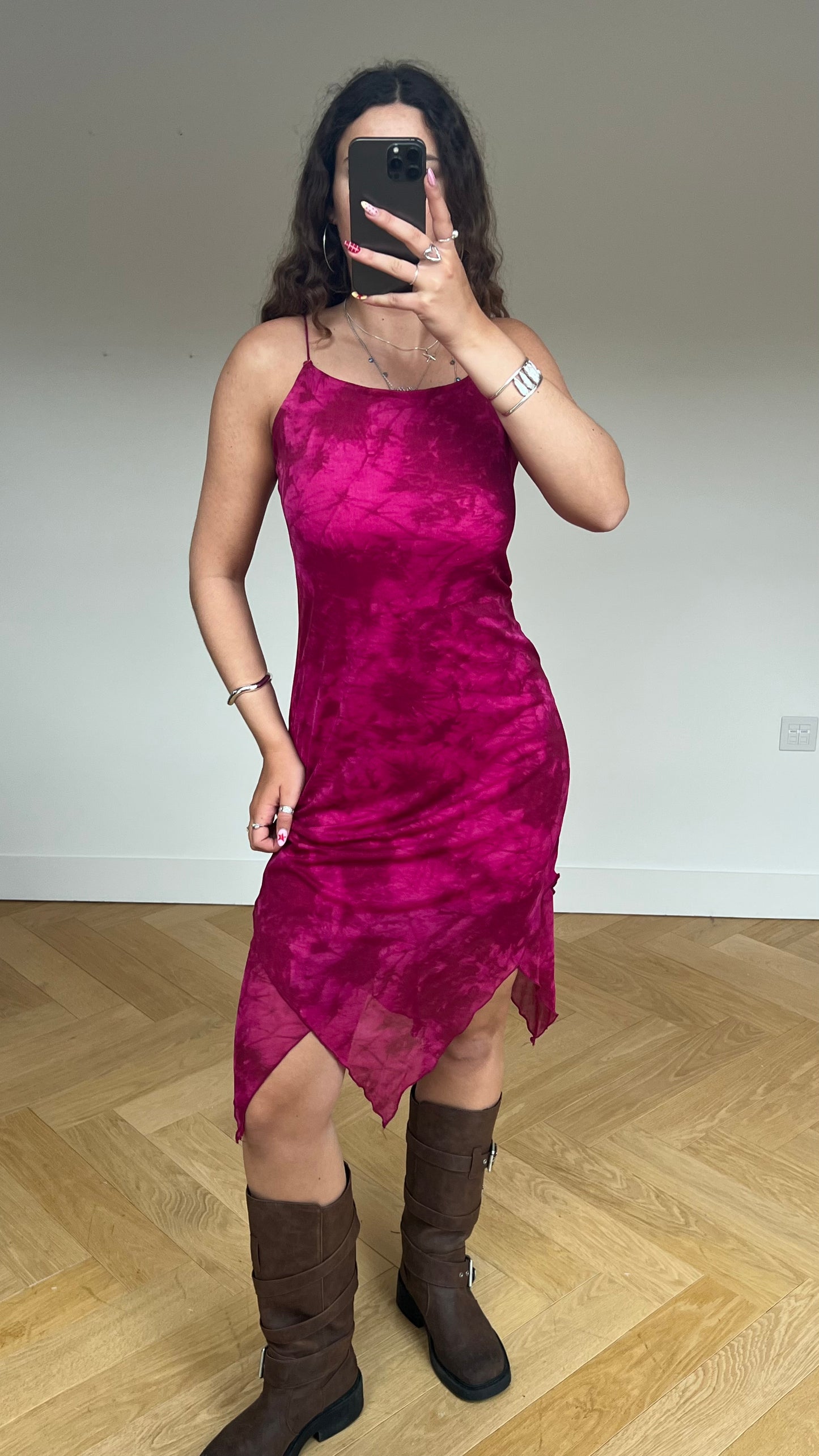 00s pink mesh asymmetric midi dress- size M