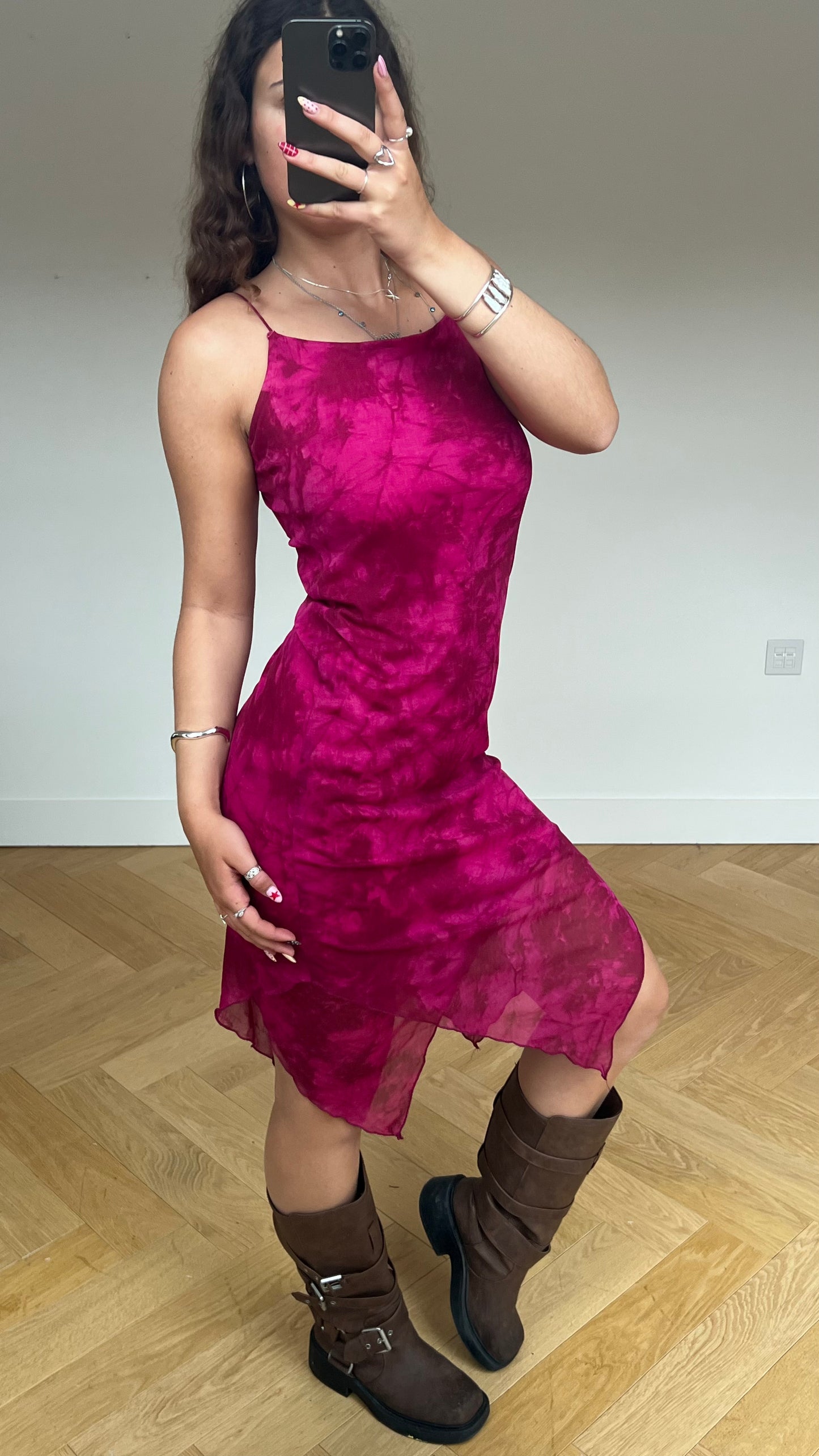 00s pink mesh asymmetric midi dress- size M