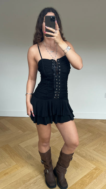 00s black ruffle mini dress- size S