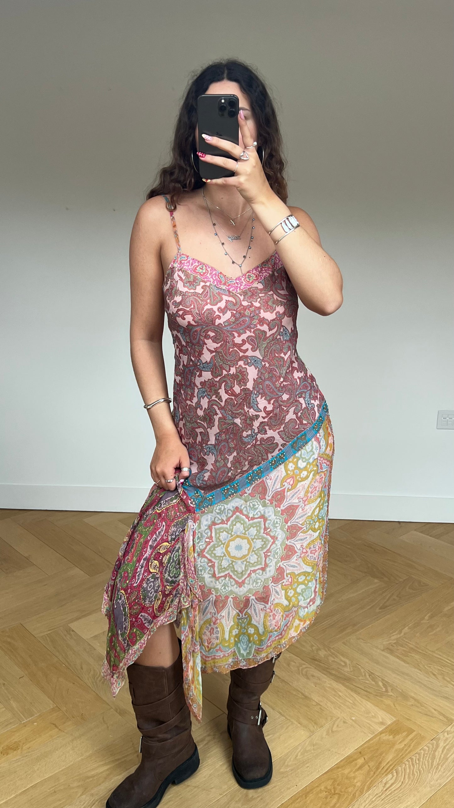 00s pink patchwork mesh maxi dress- size L