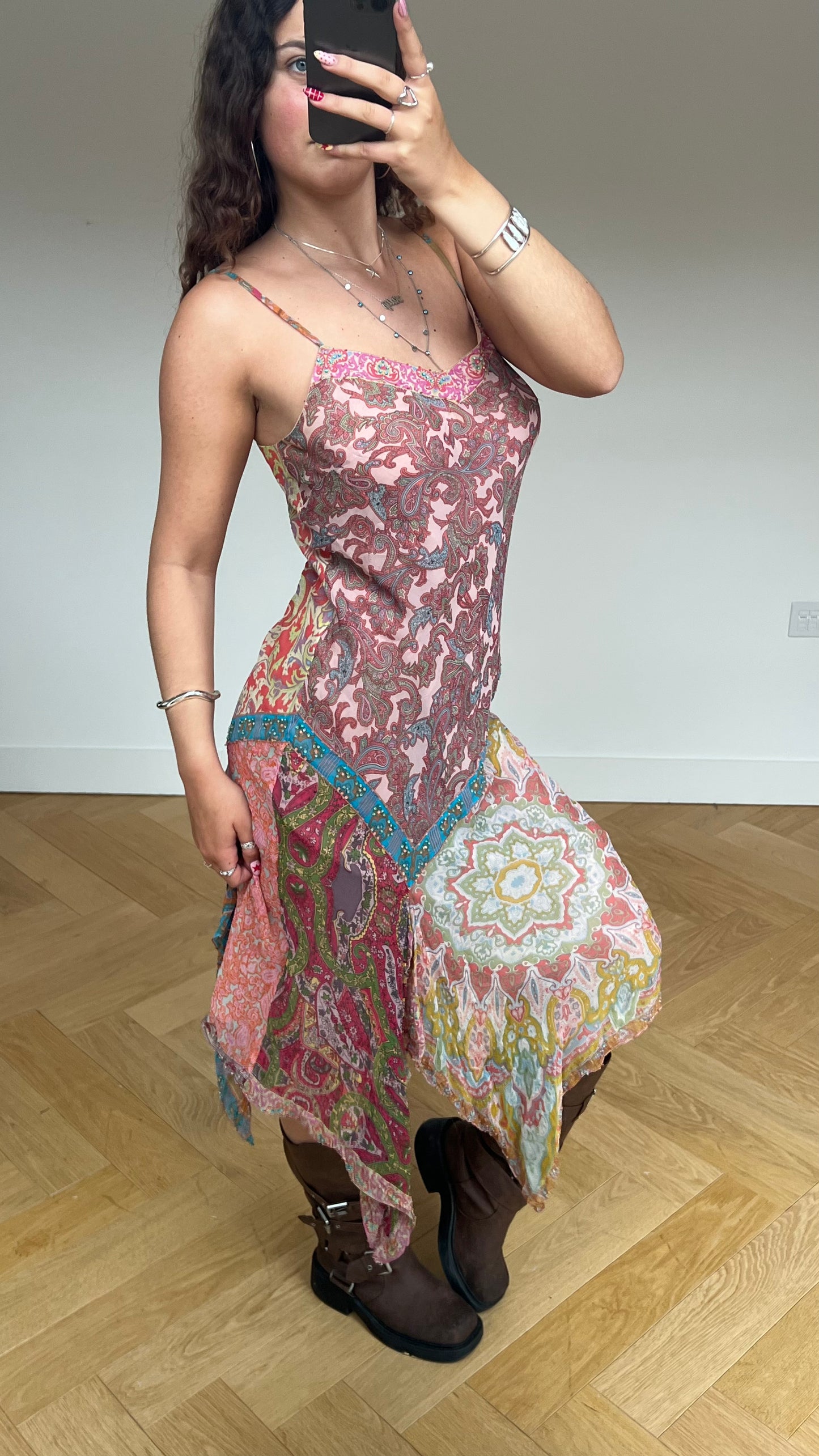 00s pink patchwork mesh maxi dress- size L