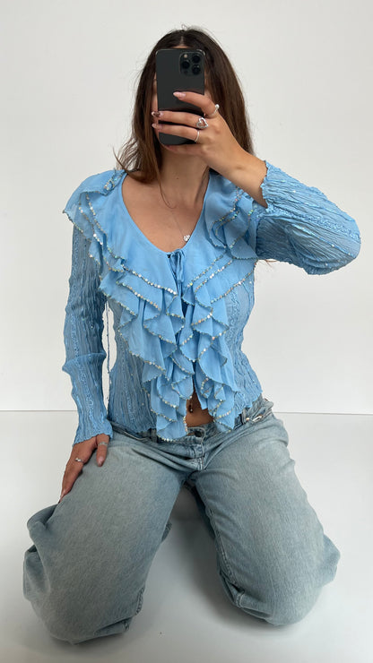 00s blue ruffle long sleeve top- size L