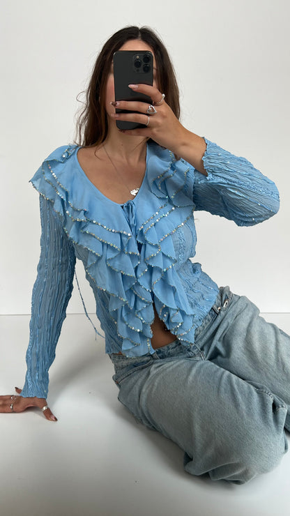 00s blue ruffle long sleeve top- size L