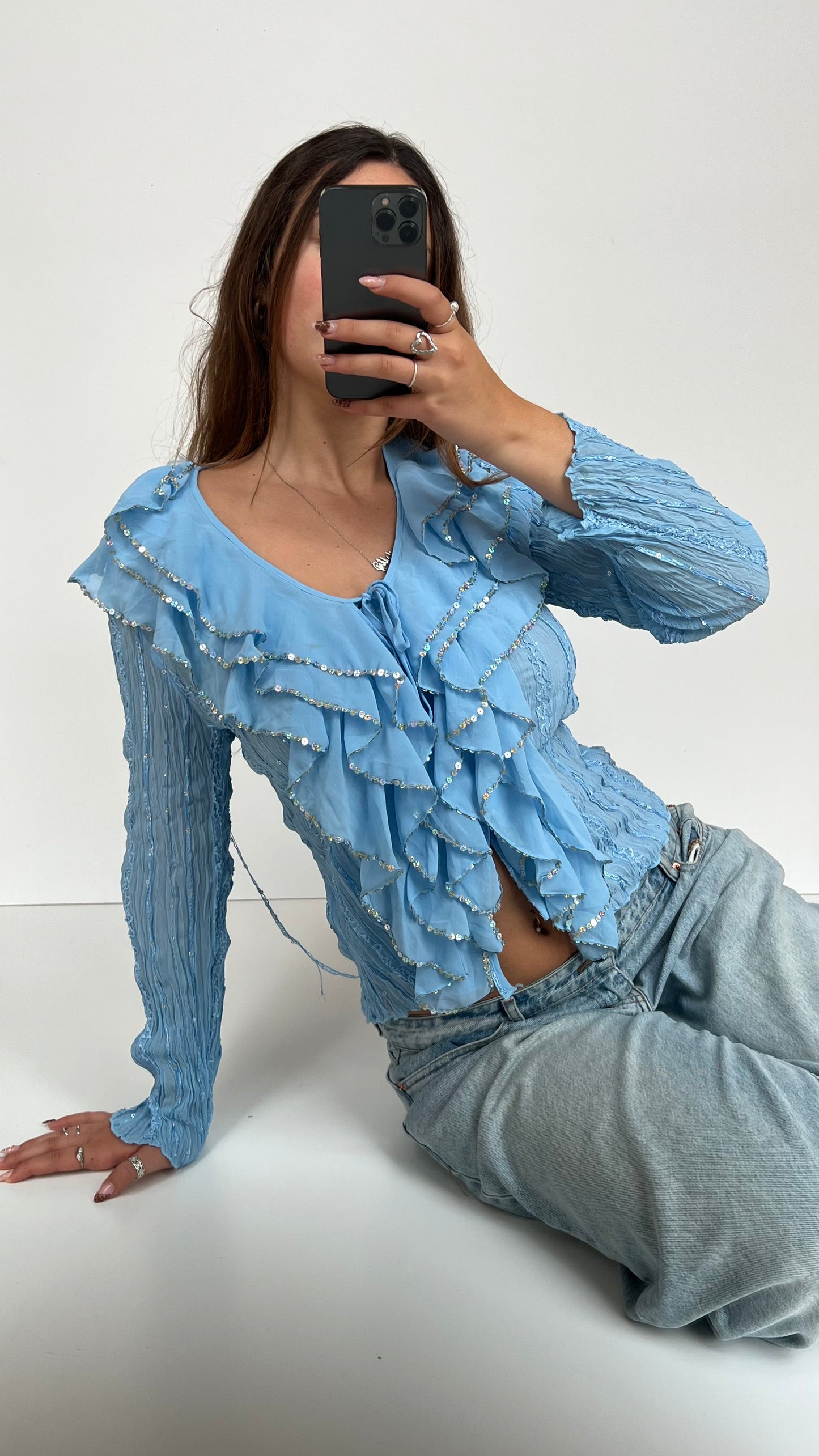 00s blue ruffle long sleeve top- size L