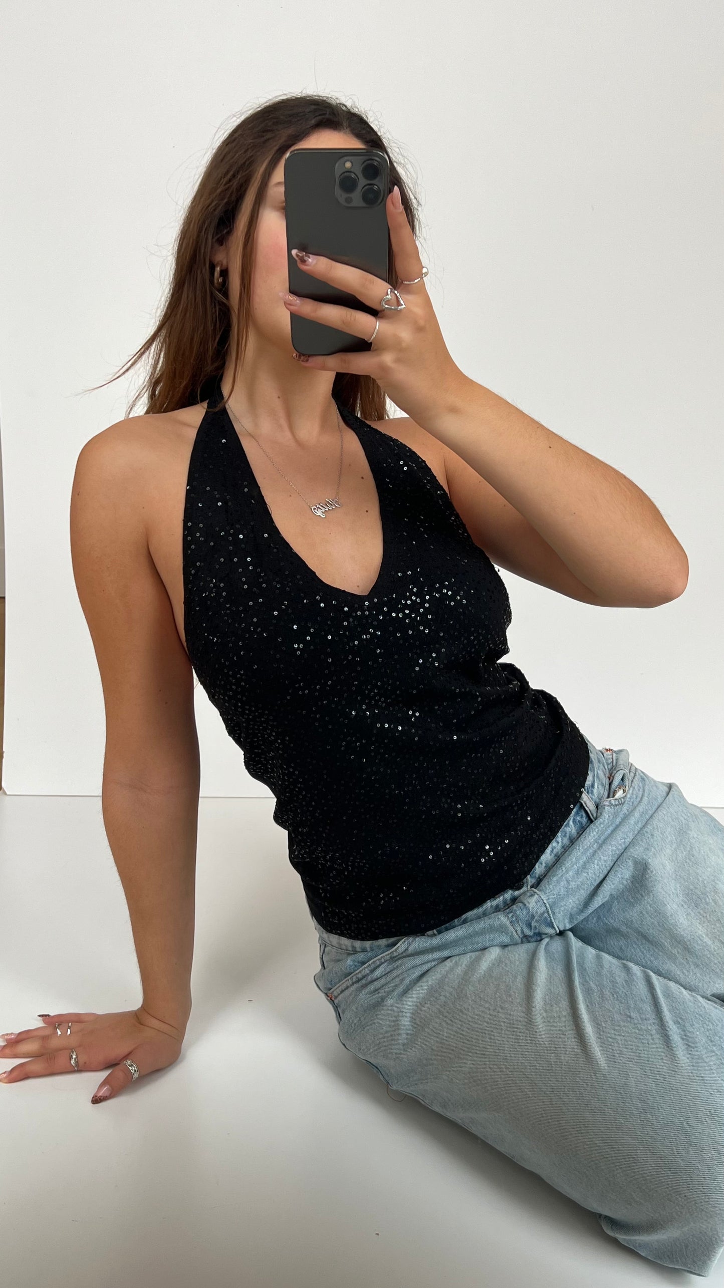 00s black sequin halter cami- size L
