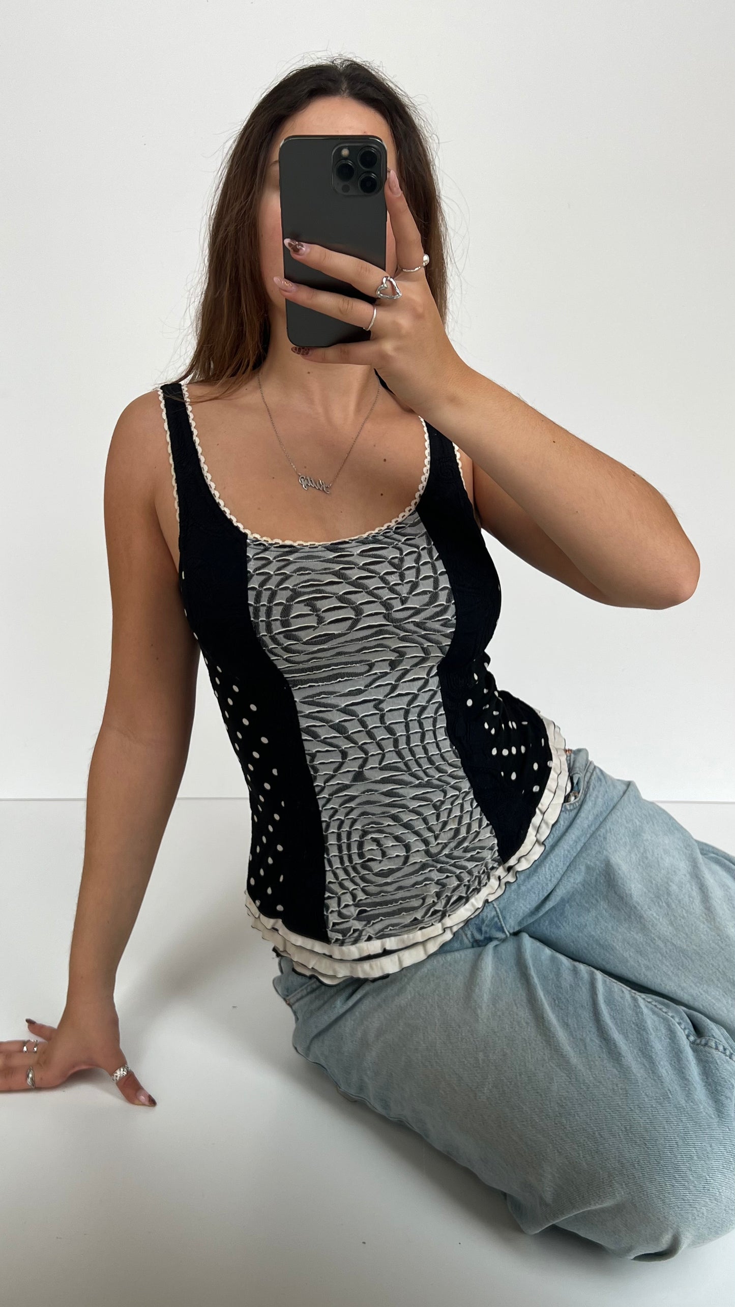 00s black polka dot lace cami- size M