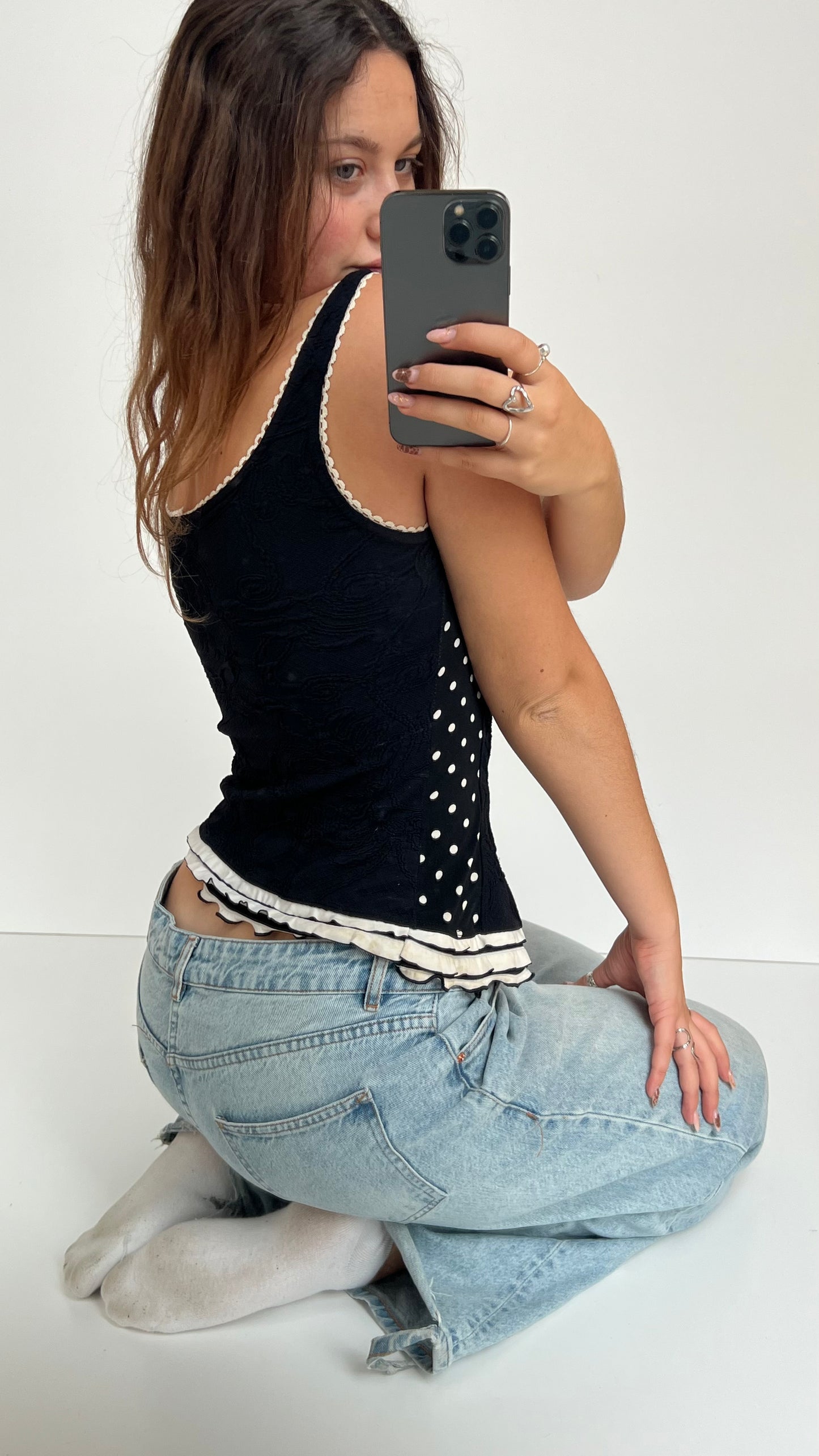 00s black polka dot lace cami- size M