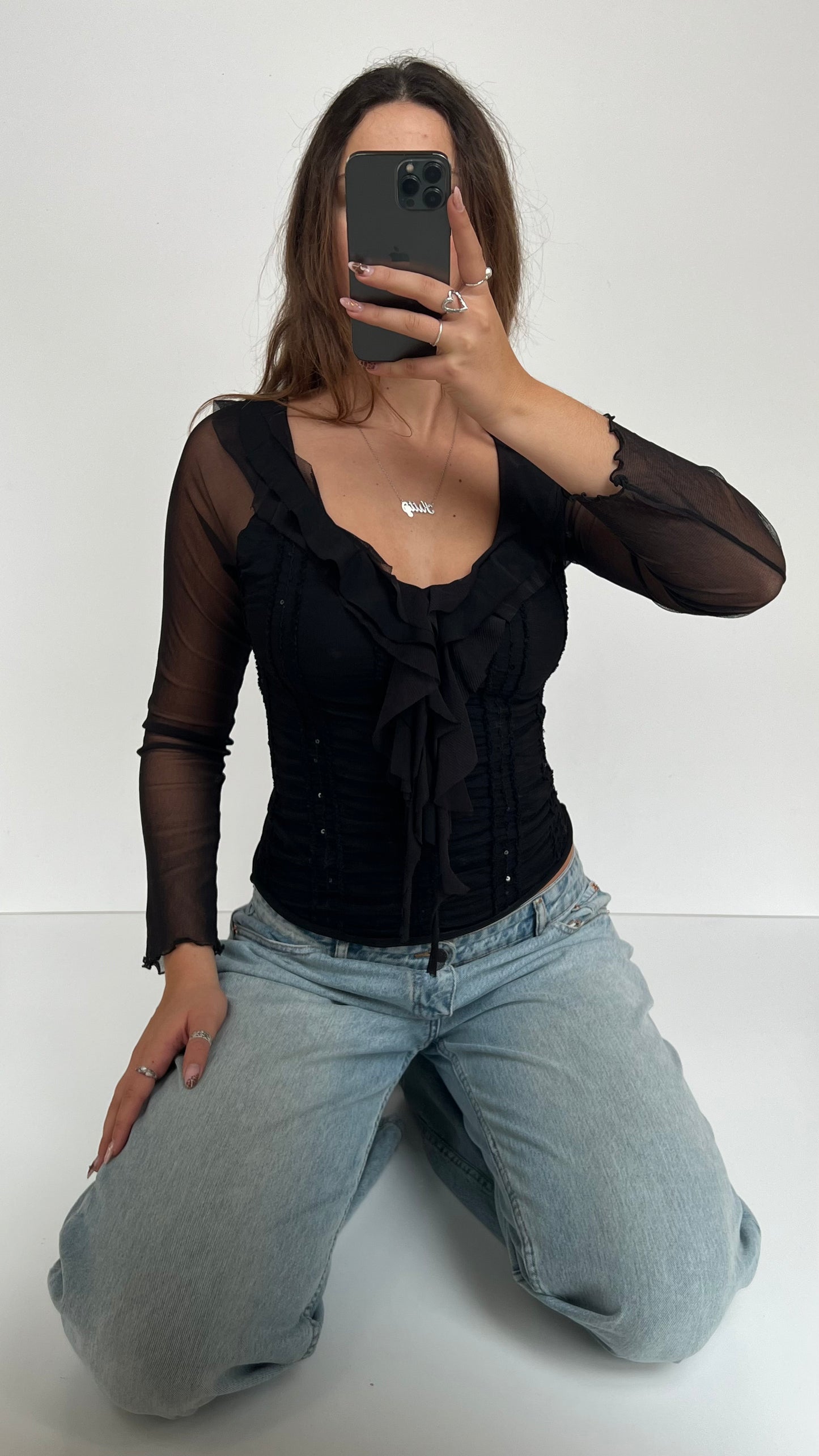 00s black ruched sequin long sleeve- size S