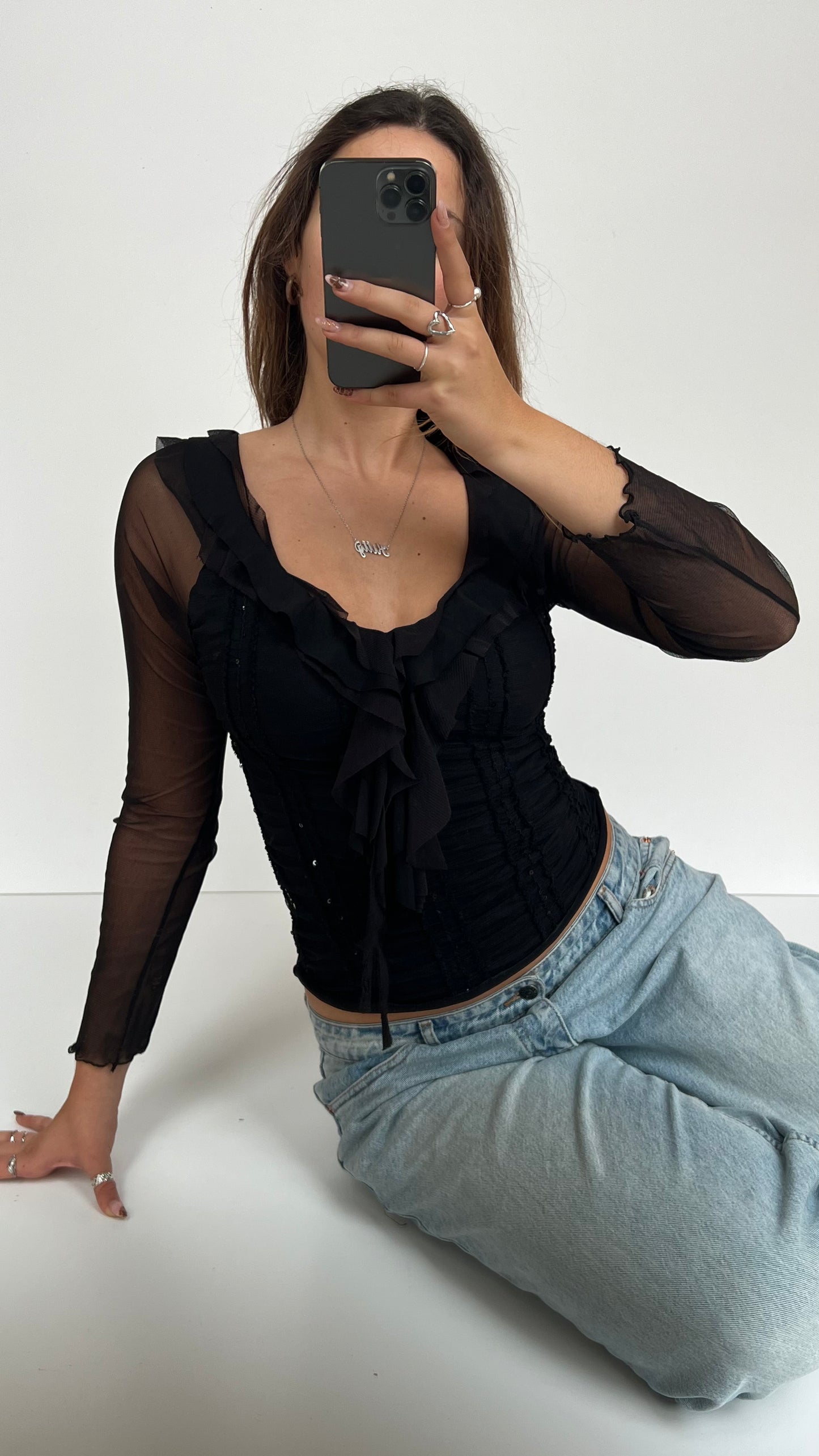 00s black ruched sequin long sleeve- size S