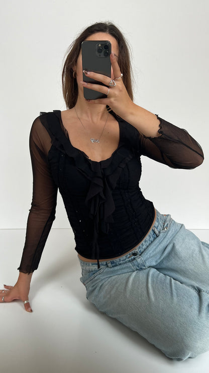 00s black ruched sequin long sleeve- size S