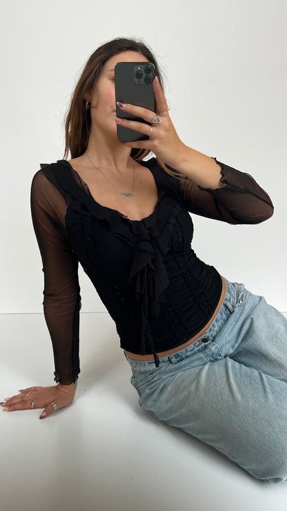 00s black ruched sequin long sleeve- size S