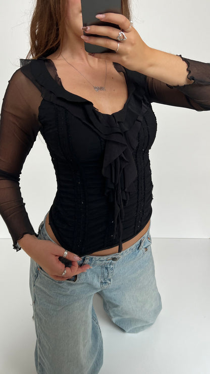 00s black ruched sequin long sleeve- size S