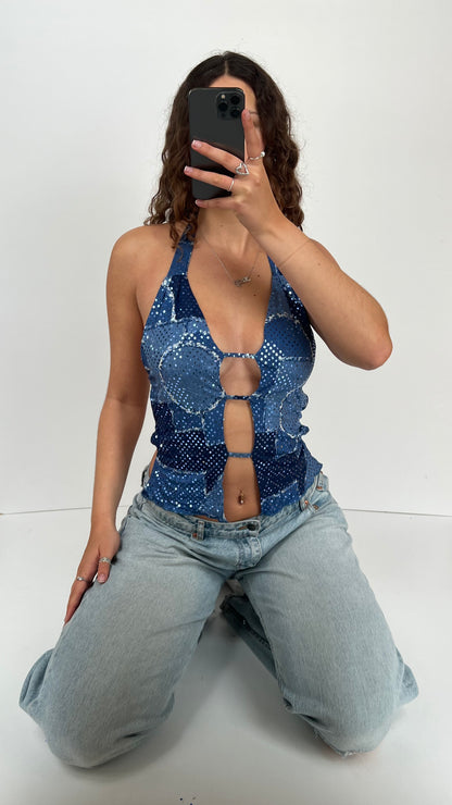 00s blue sequin backless cami- size S/M