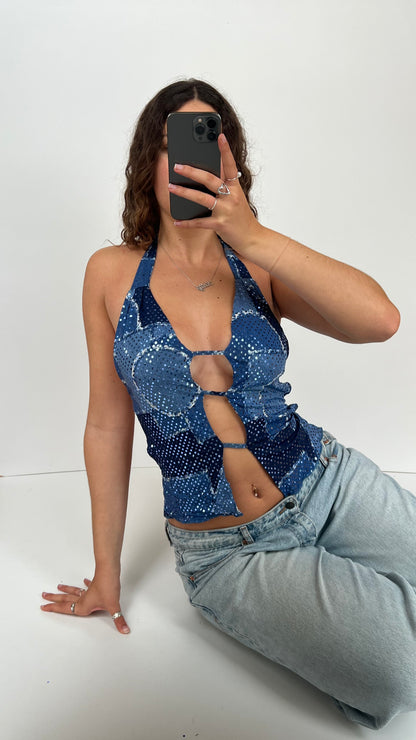 00s blue sequin backless cami- size S/M