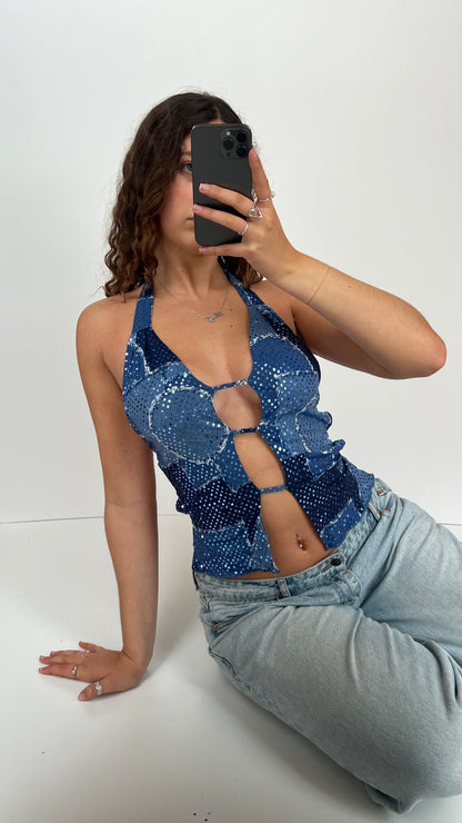 00s blue sequin backless cami- size S/M