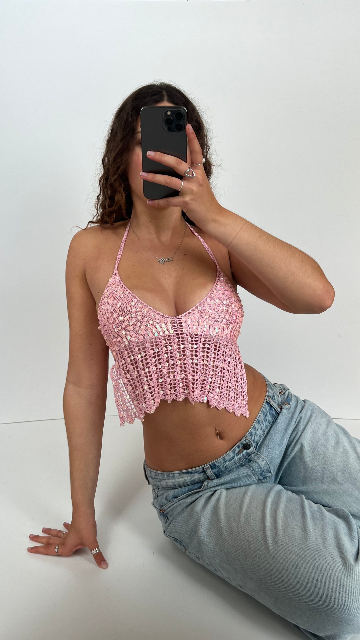 00s pink crochet sequin cami- size S